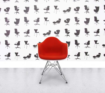 Refurbished Vitra Charles Eames DAR Chair - Red Fabric Seat - White Plastic Frame - Chrome Base