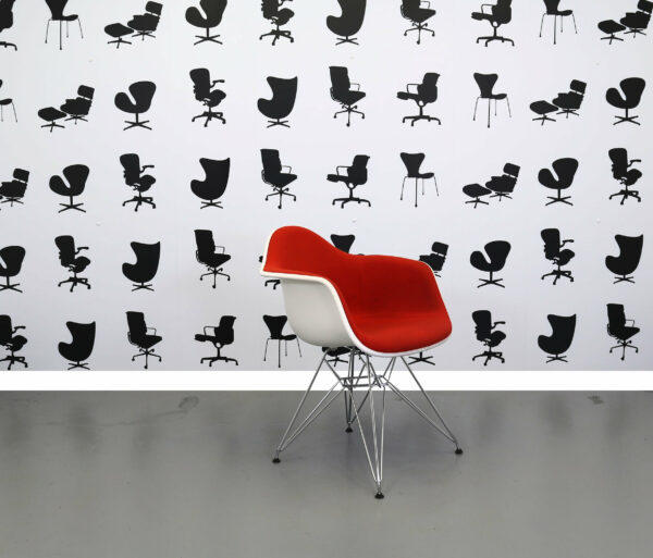 Refurbished Vitra Charles Eames DAR Chair - Red Fabric Seat - White Plastic Frame - Chrome Base - Image 4