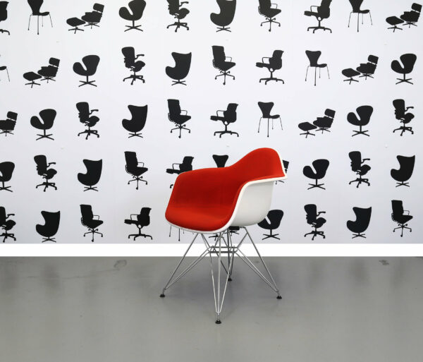 Refurbished Vitra Charles Eames DAR Chair - Red Fabric Seat - White Plastic Frame - Chrome Base - Image 2