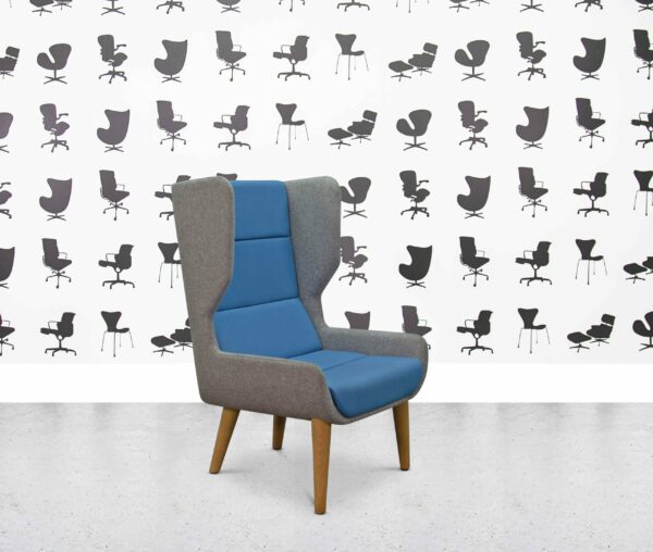 refurbished naughtone hush bwd lounge chair blue and grey fabric