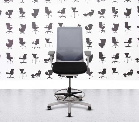 Refurbished ICF Pyla Stool - White Frame - Blue mesh - Black Seat